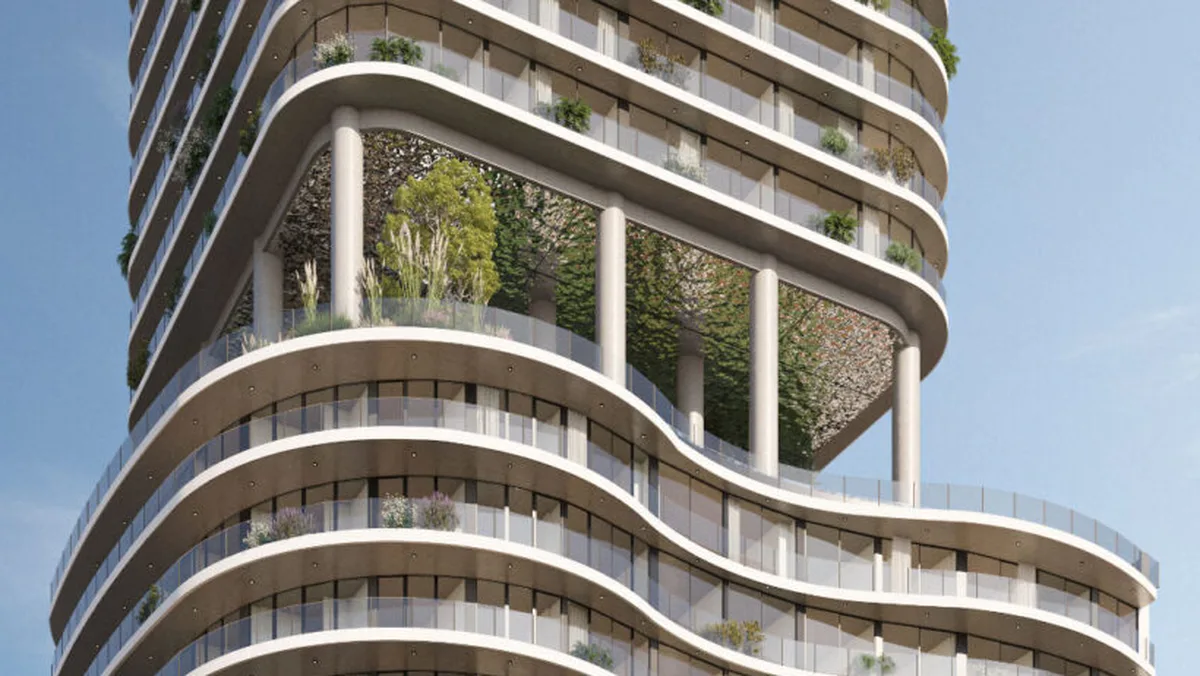 Render del giro de la Torre Alberti 1205: la torre de 25 pisos cambia de forma sobre un jardín elevado. San Cristóbal, CABA, modelada en BIM por BIMARG.