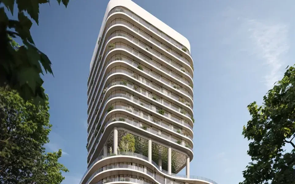 Render de la Torre Alberti 1205, torre residencial de 25 pisos con un giro sobre jardín elevado en San Cristóbal, CABA, modelada en BIM por BIMARG.