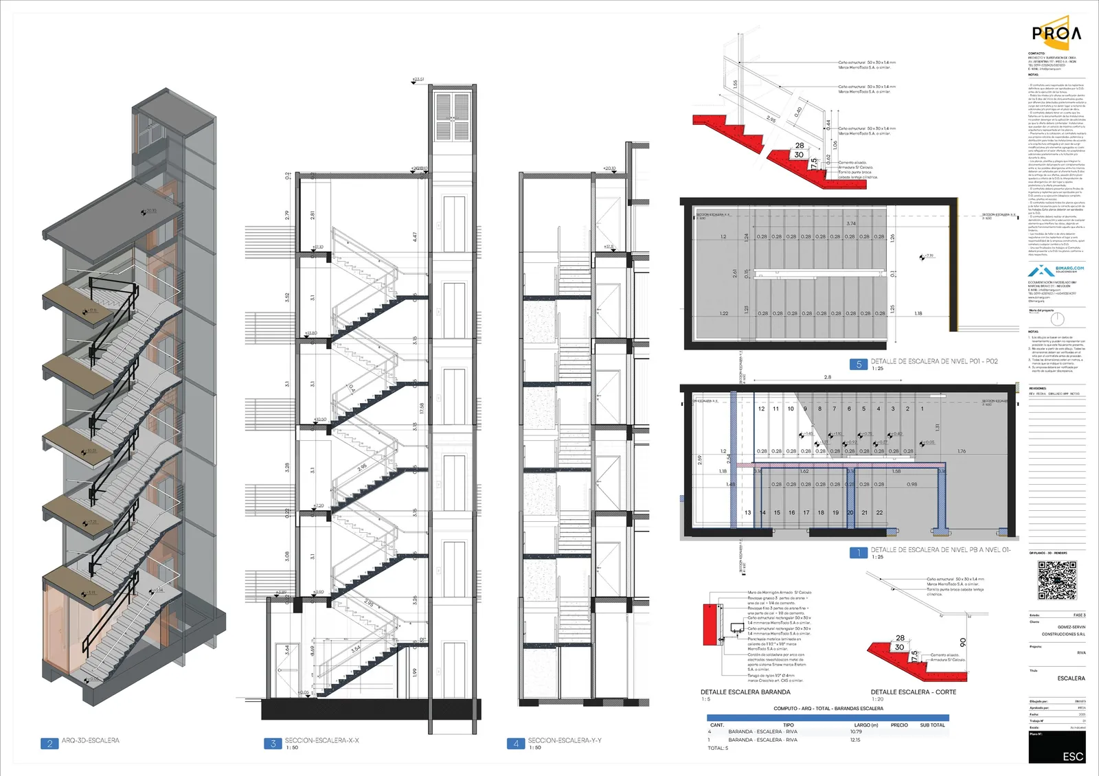 Edificio Riva: Escalera: corte, planta y detalles