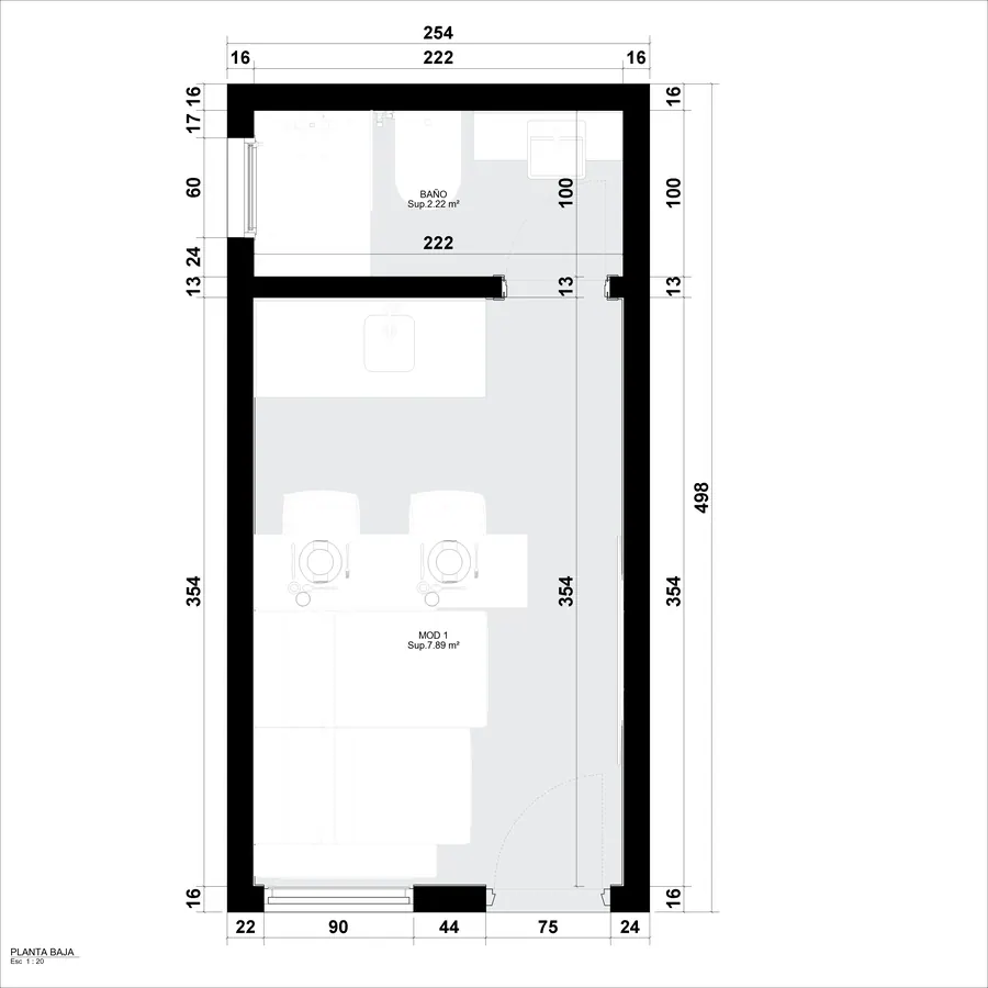 Módulo 2,44 × 4,88 · Planta acotada