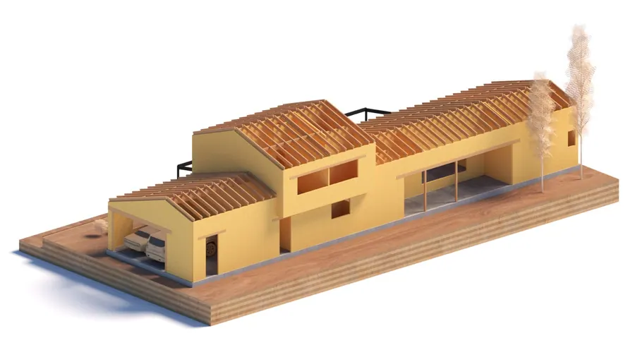 Refugio El Desafío · Estructura de paneles SIP en 3D