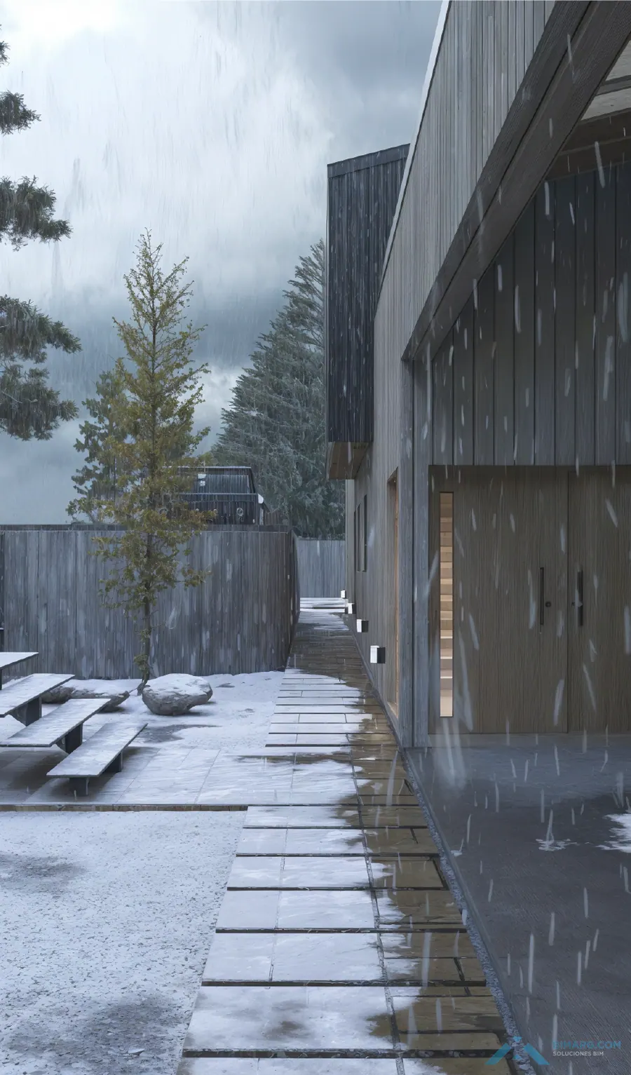 Refugio El Desafío · Galería exterior en invierno