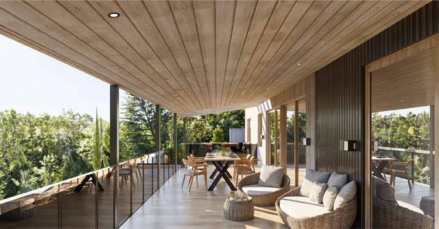 Refugio El Desafío · Terraza cubierta con vista al bosque