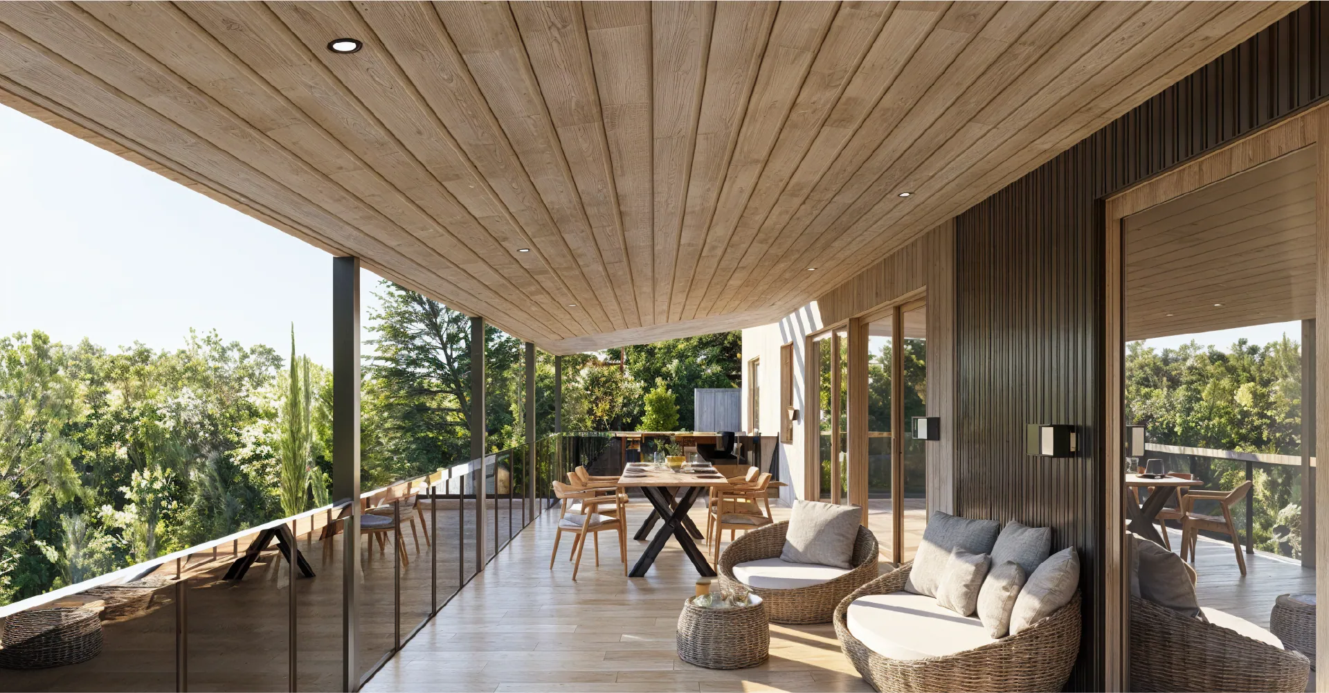 Refugio El Desafío · Terraza cubierta con vista al bosque